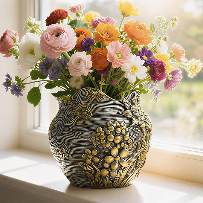 Sunflower Starry Sky Plant Pots-Cute Unique Flower Pots with Drainage Hole, Resin Planters for Indoor Outdoor Succulent Planter, Plant Gifts for Mother's Day, Birthday, Christmas (Gold)