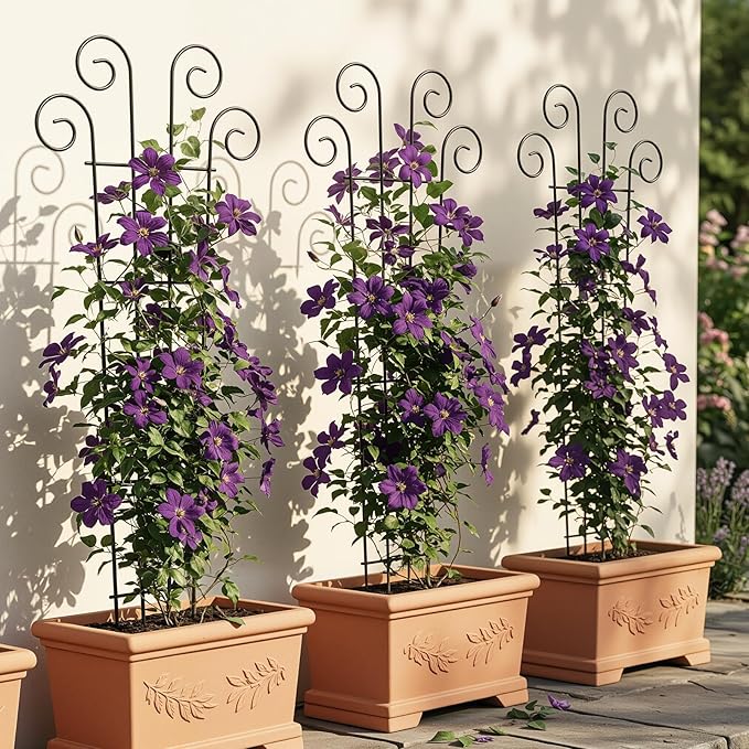 Thealyn 4 Pack 56 Inch Plant Trellis for Potted Plants, Metal Garden Trellis for Climbing Plants, Indoor Outdoor Decorative Vine Support for Pots, Wave Shape, Black