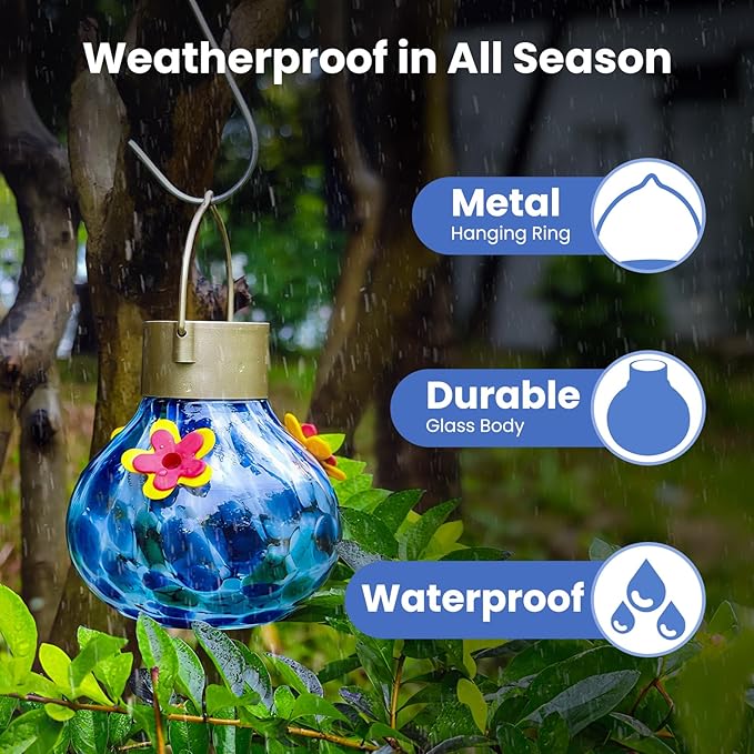 Hummingbird Feeder with Solar Light, Outdoor Glass Hummingbird Feeder, Auto-Lighting Solar Lamp for Garden Decor, 3 Feeding Ports Attract More Birds, Waterproof Design, Ideal Gift (Blue)