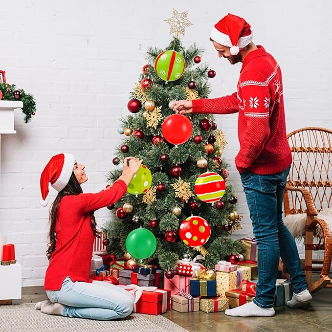 24 Pcs 7.5 Inch Christmas Inflatable Ball 6 Style Outdoor Hanging Ornament Blow Up Xmas Inflatable Ornament PVC Christmas Decoration Ball for Yard Lawn Porch Garden Front Door Holiday Decor(Red&Green)