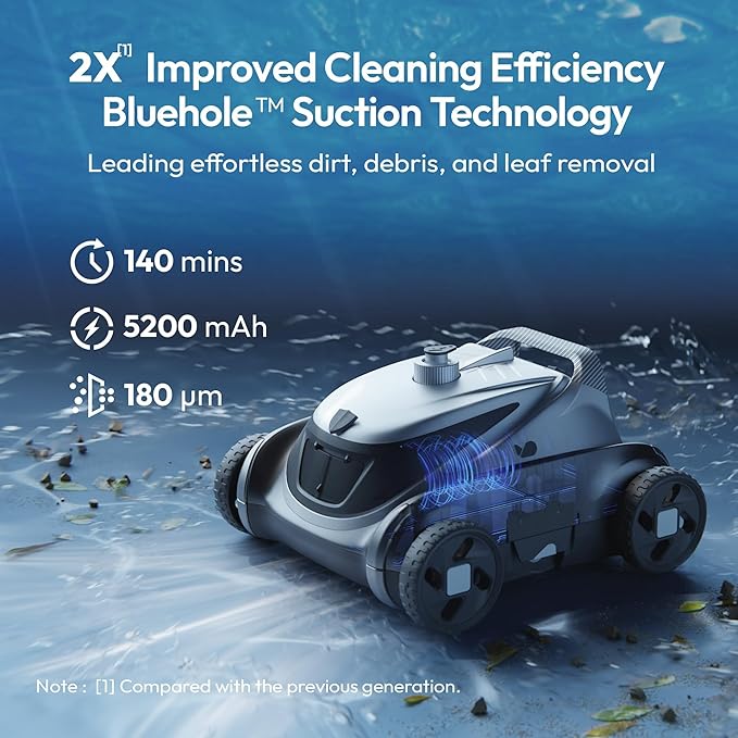 (2026 Upgrade) BUBLUE B10P Cordless Pool Vacuum for Above Ground Pool, 140-Min Runtime, Self-Parking Robotic Pool Cleaner with Bluehole Suction, DirtLock 2.0, Dual Motors for Pools Up to 1,076 Sq.Ft
