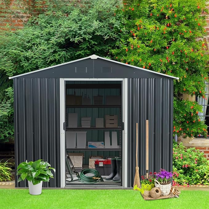 KEIKI 8x10 FT Outdoor Metal Storage Shed with Peaked Roof,Vents and Lockable Sliding Door for Garden Yard Lawn