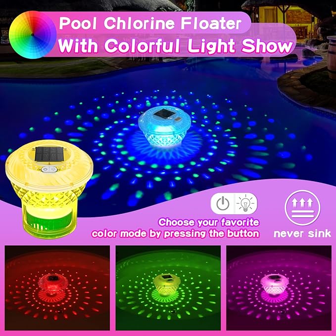 Solar Pool Chlorine Floater,Chlorine Floater with Colorful Lights,Button Control Floating Pool Chlorines Dispenser,Adjustable Release & Easy Opening,Solar chlorines floaters for Hot Tub,Blue