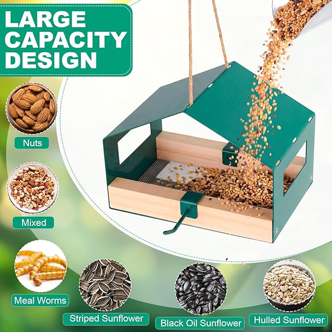 Novabright Metal Bird Feeder for Outdoor Hanging Wild Bird Feeder House with Weatherproof Roof Rust-Resistant Mesh Platform Easy to Clean & Refill for Attracting Finches Garden Yard Outside