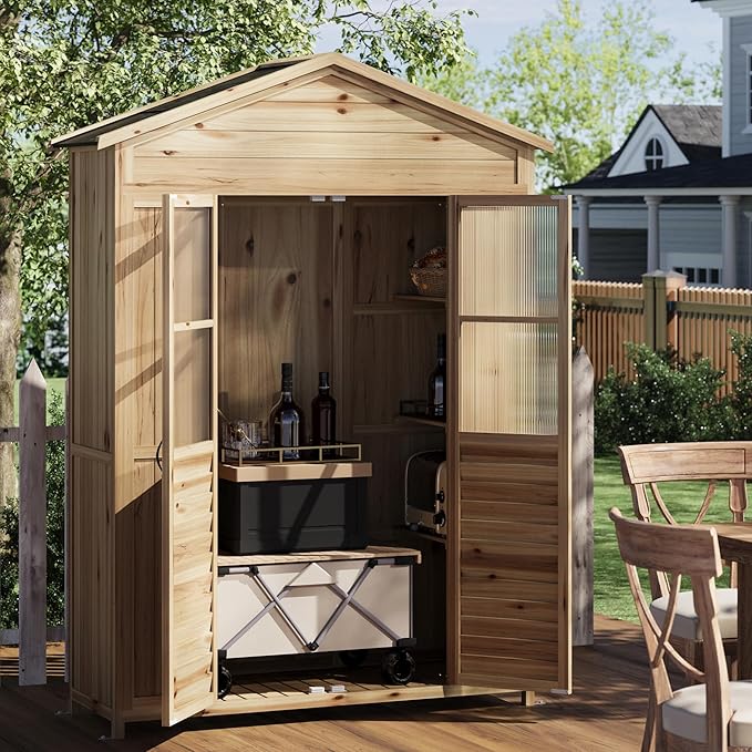 GarveeLife Patio Storage Shed Wooden, Outdoor Storage Cabinet with Weather-Resistant Roof, Garden Tools Shed with 6 Movable Shelves, Waterproof Roof, 4 Metal Stakes, 2 Anti-Falling Devices