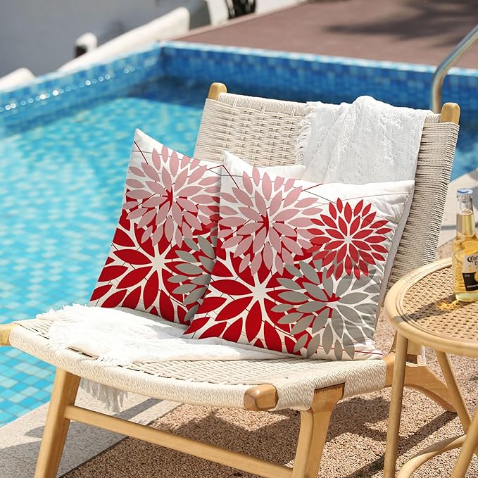 DFXSZ Outdoor Pillow Covers 16x16 Inch Set of 2 Pink Red Grey Flower Decorative Waterproof Summer Outdoor Pillow Covers Valentines Pillow Covers for Patio Funiture Garden Couch 168M16