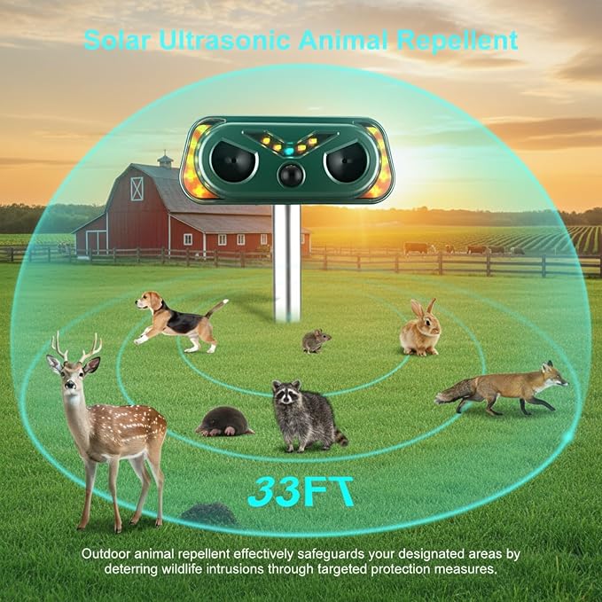2026 1 Pack Solar Ultrasonic Animal Repellent Outdoor, Cat Repellent Outdoor with Motion Detection, Rabbit for Yard Garden Farm, Rabbit,Squirrel,Deer,Raccoon,Skunk,Rodent Animal Repeller, Green