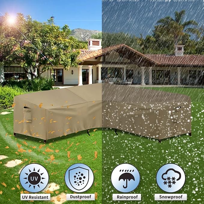 PureFit Outdoor Sectional Sofa Cover Waterproof V Shaped Patio Furniture Covers for Deck, Lawn and Backyard, 100”x100”, Camel