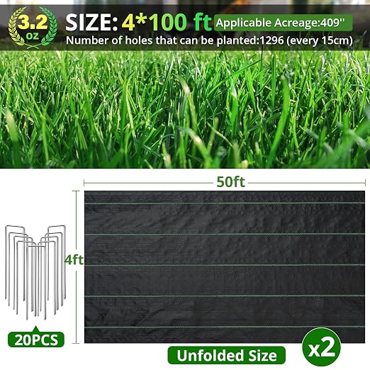 GOTGELIF Weed Barrier Landscape Fabric 4FT x 100FT, 3.2oz Premium Heavy Duty Lawn Garden Cloth, Water Permeable & Durable Ground Cover with 20 U-Shaped Pegs for Driveway, Greenhouse(2 Pack 4x50ft)