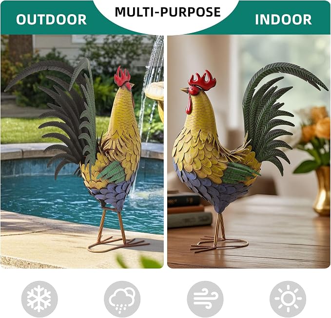 32" Metal Rooster Decor, Large Outdoor Garden Statues, Metal Chicken Sculpture for Backyard Patio Kitchen Decor