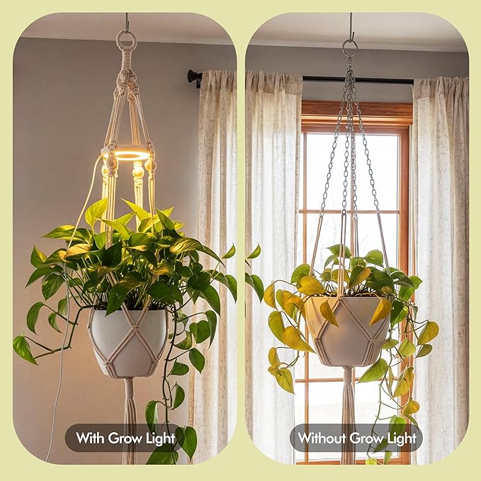 Hanging Plant Grow Lights for Indoor Plants with Timer, Wall Mounted Full Spectrum Pendant Growing Light with Macrame Plant Hanger, Ceiling LED Planta Luz for Potted Plants Home Decor(2 Pack)