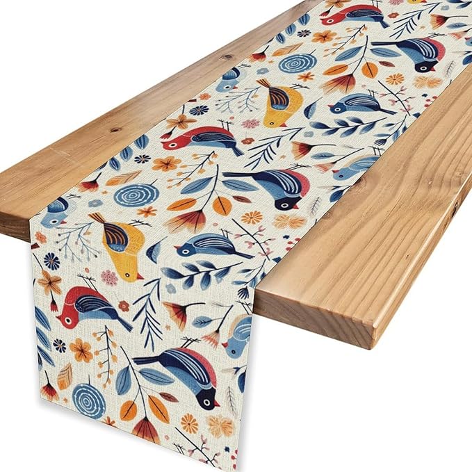 Floral Birds Table Runner, Rustic Seasonal Watercolor Spring Flower Plants Wildfloral Boho Blue Coffee Table Center Decor for Family Kitchen and Dining Farmhouse Party Table Decorations, 13"x90"