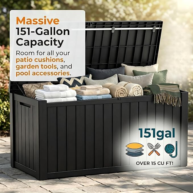 151 Gallon Resin Deck Box with Lockable Lid – Heavy-Duty Outdoor Storage for Patio Furniture, Garden Tools, Pool Accessories, BBQ Supplies – All-Weather Wood Grain Design