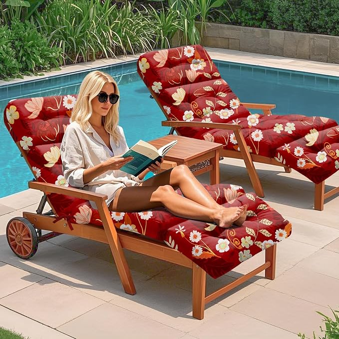 2 Pack Outdoor Chaise Lounge Chair Cushion 75.1 x 22.8 x 4.7 Inches 100% Waterproof Replacement Cotton Patio Pool Lounge Chair Cushion for Outdoor Furniture with Ties, Red Peony