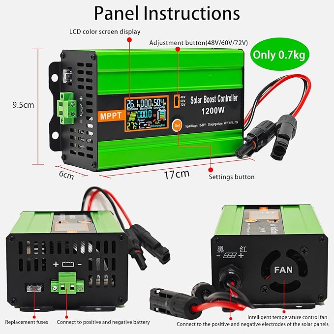 30A Boost MPPT Solar Charge Controller 1200W, 48V/60V/72V Adjustable, 99% Tracking Efficiency & 98% Conversion Efficiency, Compatible with Lead-Acid/Lithium Batteries,HD LCD,Output Max 15A