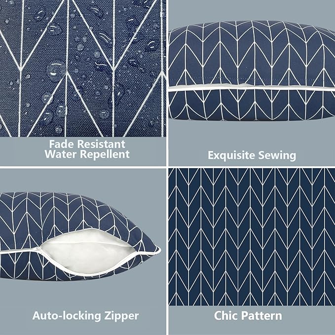 LVTXIII 2 Pack Outdoor Lumbar Pillow Covers 12x20 Inch with Piping, Water-Repellent Back Cushion Covers ONLY for Patio Furniture, Sofa, Garden Bench, Herringbone Navy