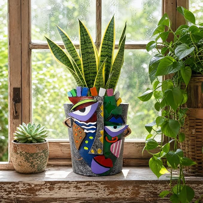 Mrlikale Abstract Face Planter Pots with Drainage Hole for Indoor Plants | 4.7 Inch Hand-Painted Funny Face Flower Pot for Succulents, Shelves, Desks, and Modern Home Decor