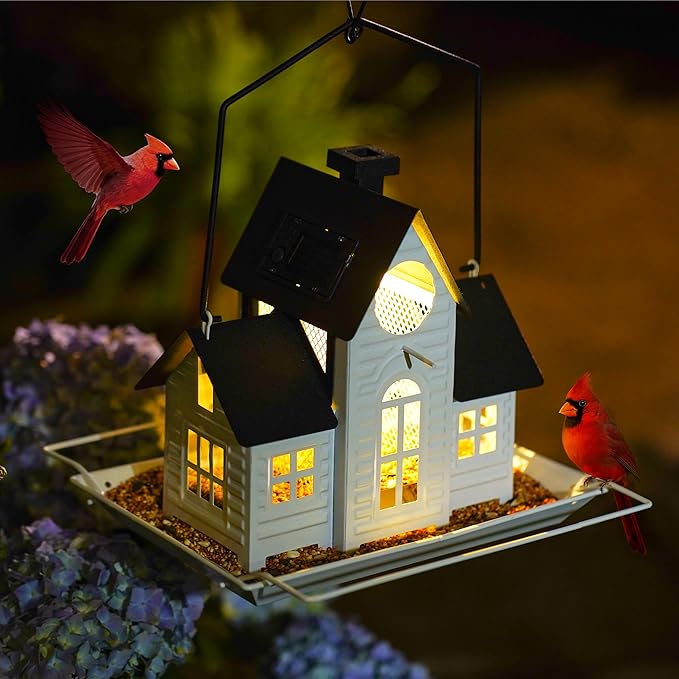 Solar Bird Feeders for Outdoors Hanging,Metal Cardinal Bird House Feeder with Solar Powered Lantern Light,Wild Cardinal Birdfeeder Waterproof Decor for Garden Yard Outside,Gift for Grandma Mom
