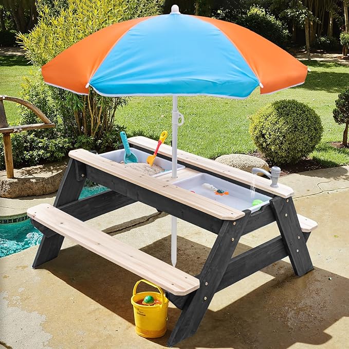 Kids 3-in-1 Sand & Water Table, Wood Outdoor Convertible Picnic Table w/Umbrella, 2 Trays, Removable Top with Faucet, Picnic Table for Outdoor Playset (Black/Orange)