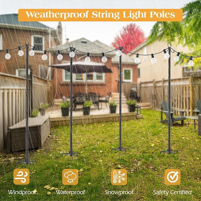 StarryEver 4 Pack String Light Poles, 3M/10FT Adjustable Height Metal Lights Hanging Pole with 2 Hooks and Rustproof, for Yard Patio Decor, Camping, Sun Shades Outdoor, Outside Decor