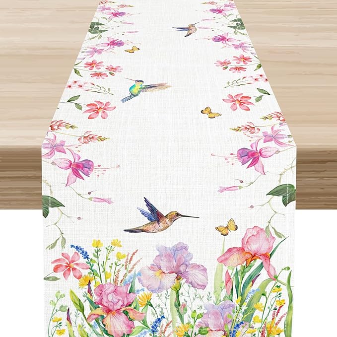 Floral Birds Table Runner, Rustic Boho Wildfloral Watercolor Butterfly Hummingbird Spring Seasonal Coffee Table Center Decor for Family Kitchen and Dining Farmhouse Party Table Decorations, 13"x36"