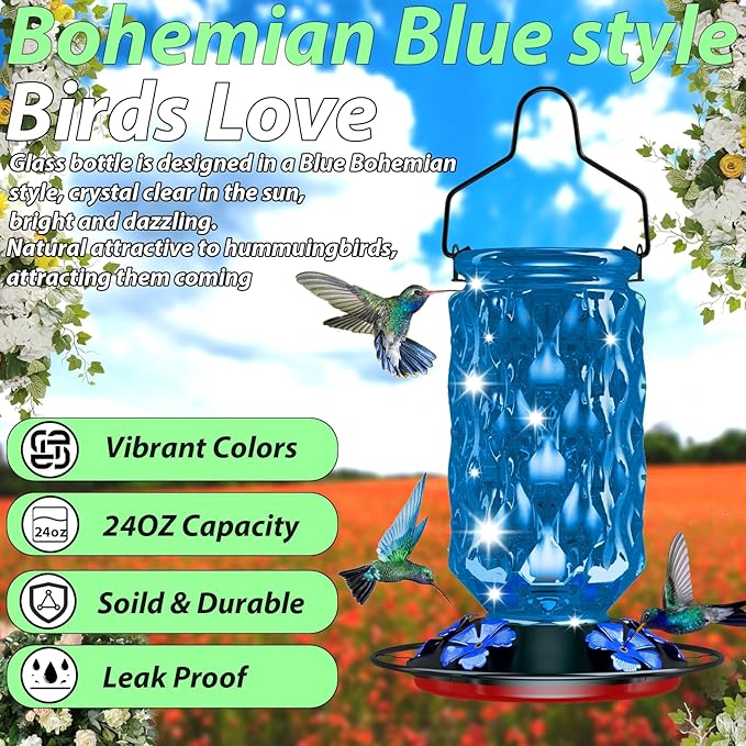 24OZ Glass Hummingbird Feeders for Outdoors Hanging,Five Feeding Ports with Perch, Leak Proof for Gardens Decor Backyard, Bird Feeder for Outside, Birthday Gifts for Women Men, Gifts for Mom Dad
