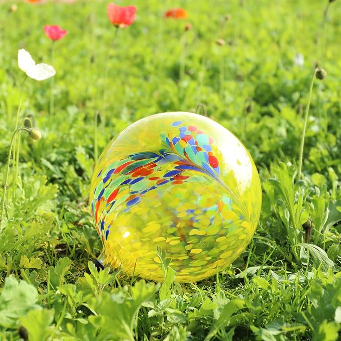 10 Inch Gazing Ball Glass Reflective Garden Globe Outdoor Gazing Globe Yard Ornament for Garden Yard Home Outdoor Decoration Yellow, NOT Solar