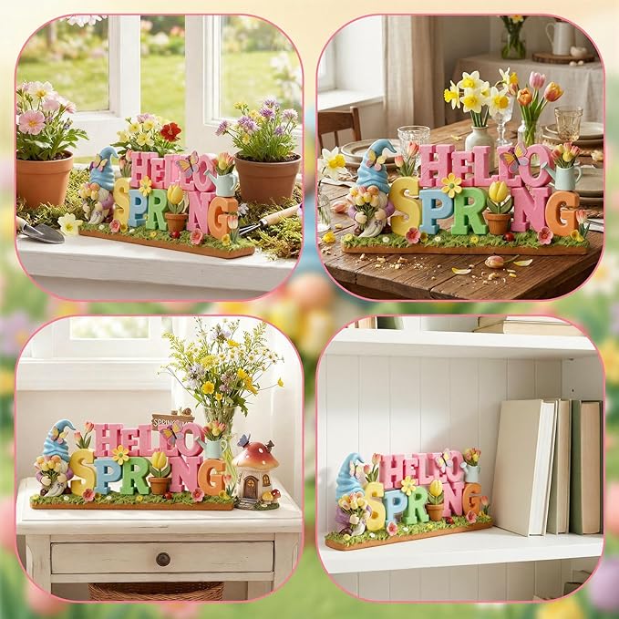 Simgoing 1 Pack Hello Spring Table Decoration Resin Spring Gnome Decorations for Home Pastel Flower Table Sign Festive Floral Statue Tabletop Centerpiece for House Tabletop Tiered Tray Fireplace Decor