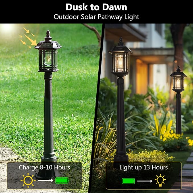 Emliviar Outside Solar Powered Post Light, Black Pathway Light with Remote Control, Dusk to Dawn LED Outdoor Solar Pole Lighting, Bulb Included, Seeded Glass, 2084PL-SL BK
