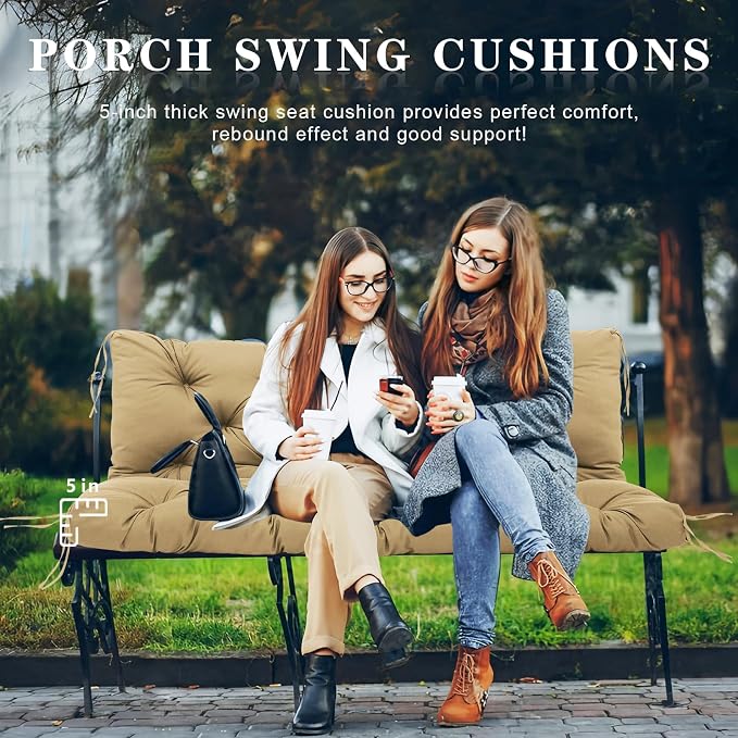 Porch Swing Cushions Outdoor, 5 Inch Thick Waterproof 2-3 Seater Replacement Swing Cushion with Backrest and Anti-Slip Ties, Perfect for Porch, Patio, Garden, Outdoor Bench Furniture, 60×40×5 Inch