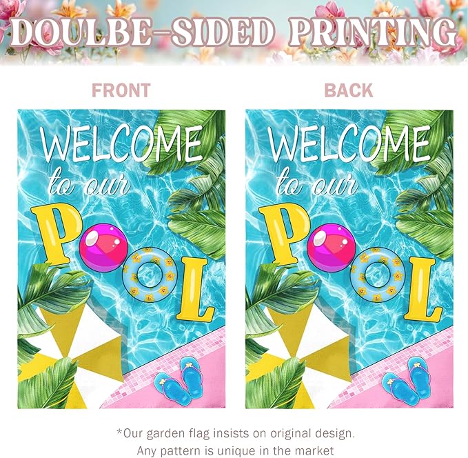 Welcome to Our Pool Garden Flag Vertical Double Sided Summer Swimming Pool Yard Flag Palm Leaf Parasol House Flags 28 x 40 Inch Holiday Party Seasonal Farmhouse Banner Outdoor Decor