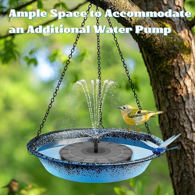 Hanging Bird Bath for Outdoors 11.4 inch Metal Birdbath Bowl with Detachable Black Chains & Hook Outdoor Hanging Bird Feeder for Tree, Window, Patio, Backyard, Gift for Bird Lovers (Blue)