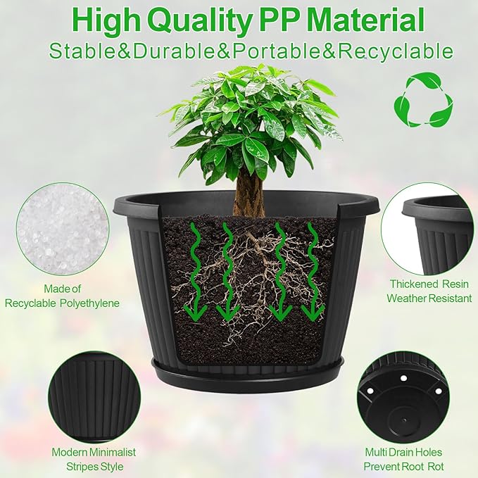 Fodetyff 10-inch-Plastic-Plant-Pots-with-Saucer, Flower Pots Containers for Indoor Outdoor Plants, Large Resin Planter with Drainage Holes and Saucers for Snake Plant Monstera