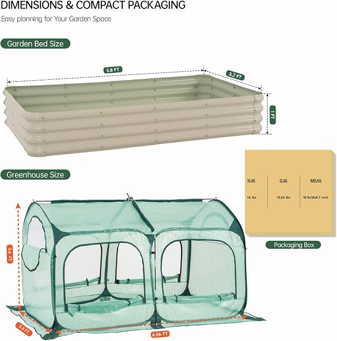 PORAYHUT All-in-One Raised Garden Bed and Greenhouse Kit,Metal Outdoor Planter Box with Pop up Tunnel Greenhouse Cover ,Vegetables, Flowers for Cold Frost Protector (6x3FT)