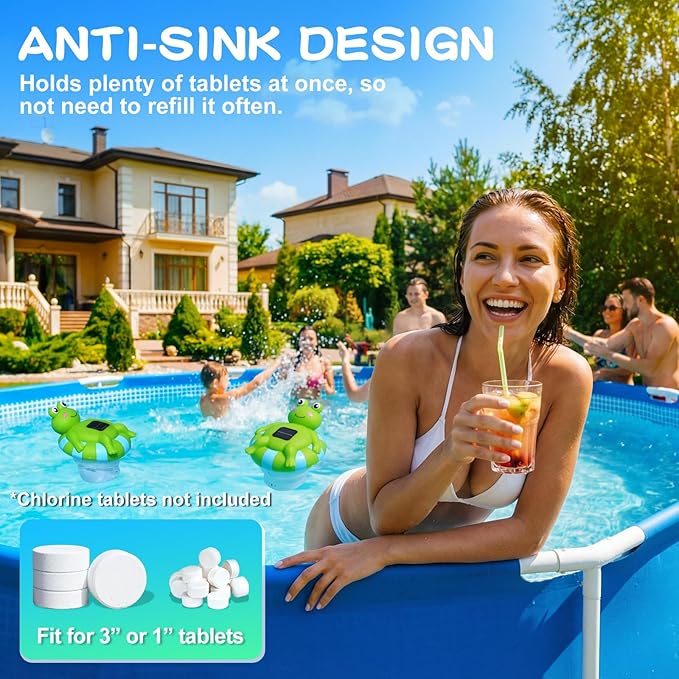 Pool Chlorine Floater for 3 Inch Tablets, Solar Frog Chlorine Tablet Floater with Adjustable Release, Glow in Dark, Large Capacity Floating Chlorine Dispenser for Pool, Hot Tub, Spa (White)