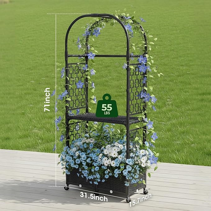71"x16"x32" Planter Box with Trellis, 3-in-1 Self-Watering Planter Box with Wheels for Patio,Raised Garden Bed with Trellis, Drainage Holes & Metal Storage Rack for Vine Climbing Plants