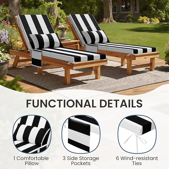 Crestlive Foldable Outdoor Chaise Lounge Cushions with Head Pillow and Side Pockets,Water Repellent & Fade Resistant Lounge Chair Cushion, 72''L x 21''W, Set of 2, Black Stripe