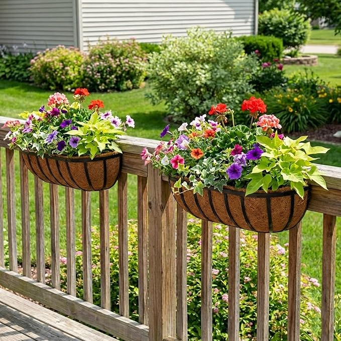 24 Inch Railing Planter Boxes 2 Pack Metal Window Box Planters with Coco Coir Liners, Horse Trough Planter with Adjustable Brackets for Deck Balcony Fence Porch Patio Outdoor Garden, Black