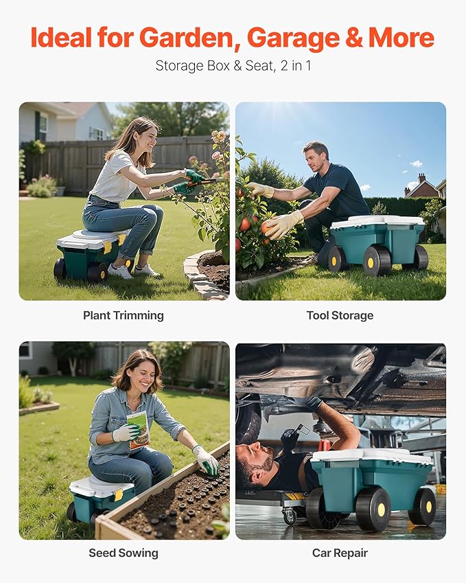 VEVOR Rolling Garden Cart with Seat, Metal Rolling Garden Work Seat with Wheels, Supports up to 400 LBS, Heavy Duty Gardening Cart Scooter, Outdoor Wagon & Stool on Wheels for Lawn, Patio, Backyard