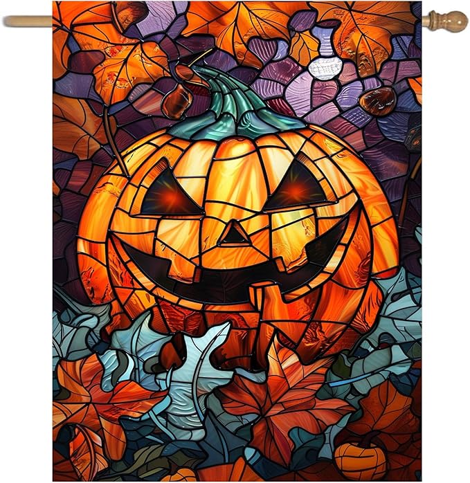 Spooky Pumpkin House Flag Scary Halloween Flags for Outside 28x40 Double Sided Large Stained Glass Fall Garden Flags Autumn Yard Flag for Outdoor Porch Lawn Farmhouse Thanksgiving Decor