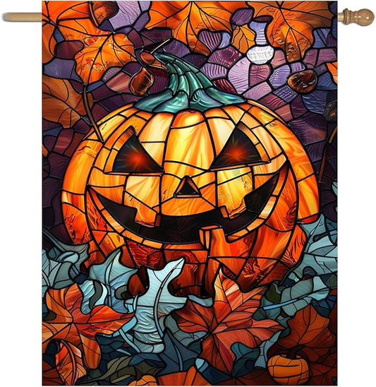 Spooky Pumpkin House Flag Scary Halloween Flags for Outside 28x40 Double Sided Large Stained Glass Fall Garden Flags Autumn Yard Flag for Outdoor Porch Lawn Farmhouse Thanksgiving Decor