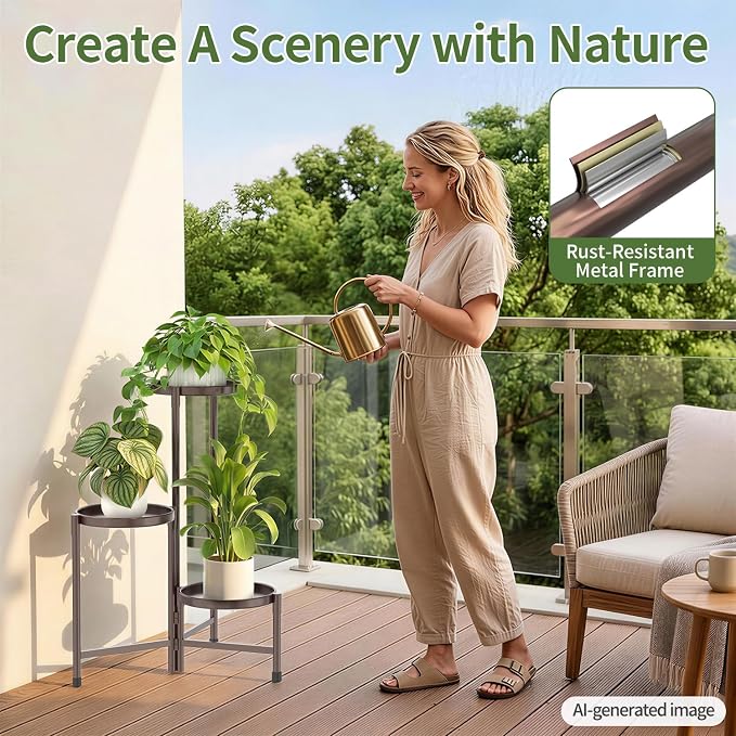 LASZOLA 3 Tier Large Plant Stand Indoor Tall with 10 Inch Metal Tray, Corner Folding Flower Display Rack, Modern Plant Holder Shelf for Outdoor Patio Porch Garden Office Living Room, Bronze