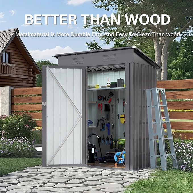 5x3FT Metal Storage Shed Outdoor Garden Tool Shed, Galvanized Steel Compact Weather Resistant Backyard Organizer, Lockable Utility Storage House for Patio Courtyard Equipment Storage Multi Use
