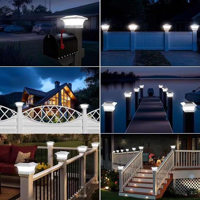 T-SUN Solar Post Cap Lights, Waterproof Outdoor Solar Powered Deck Fence Post Lights for 4 X 4 Wooden/Vinyl Posts, 6000K Cool White Lighting Decor for Deck, Patio, Garden, Porch, Fence(White - 6 Pack)