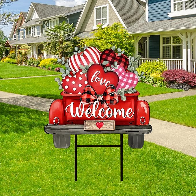 JarThenaAMCS Valentine' s Day Metal Garden Stake Welcome Yard Sign Red Love Heart Truck Decorative Lawn Sign for Wedding Anniversary Home Outside Lawn Porch Walkway Decor