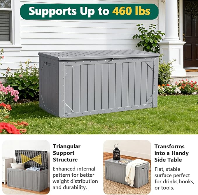 Outdoor Storage Box, 98 Gallon Deck Box, Outdoor Storage Bench, Waterproof Resin Storage Bench with Lockable Lid, Patio Furniture Cushions & Garden Tools Storage, UV Resistant (Gray)