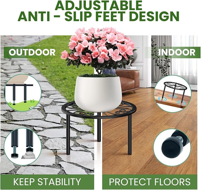 TOSKING Heavy Duty Metal Plant Stand - 9" Round Classic Scroll Pattern, Adjustable Non-Slip Leveling Feet, Rustproof, Decorative Display Shelf for Small to Medium Plants, Indoor/Outdoor, Black (9"Dia x 6.3"H)