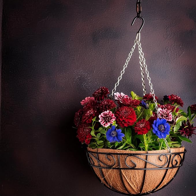 Ashman 16 Inch Metal Hanging Planter Basket with Coco Coir Liner Round Wire Plant Holder Chain Porch Decor Flower Pots Hanger Garden Decoration Indoor Outdoor Watering Hanging Baskets (4 Pack)