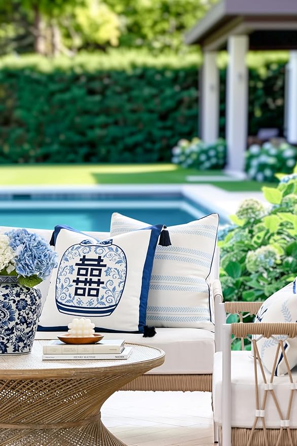 Hofdeco Premium Coastal Hampton Patio Indoor Outdoor Throw Pillow Cover Only, 22"x22" Water Repellent for Backyard, Couch, Poolside, Baby Blue Navy Print Leaf Striped (Pack of 2)