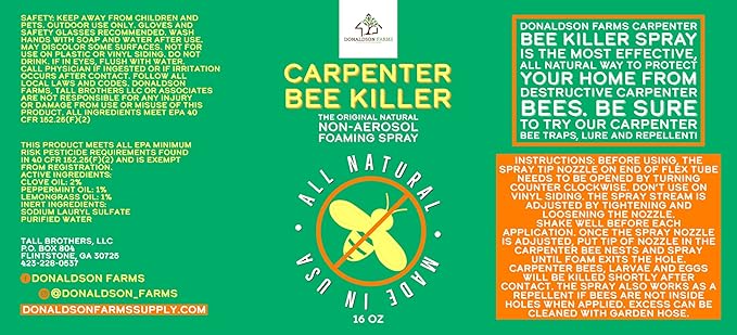 Donaldson Farms Carpenter Bee Spray – Wood Boring Bee Spray for Sheds, Decks & Outdoor Wood – Subtle Foaming Formula, Deep Reach Precision Nozzle – Peppermint & Clove Oil – 16 oz
